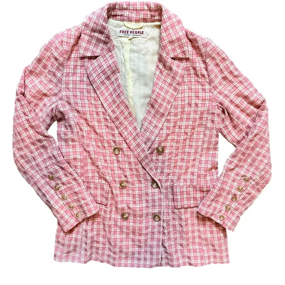 Free People Olivia Gingham Print Blazer Vintage Style Sold Out Online Sz XSmall - Picture 2 of 15